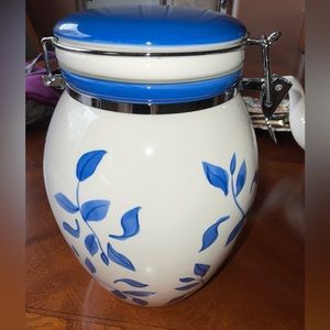 Inspirado Stonelite IDC Hand Painted Blue White Cookie Jar Canister Food Storage